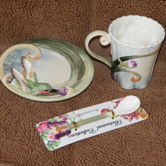 Botanical Collection Corner Ruby Hummingbird Iris Teacup Saucer Spoon Set NWT - Picture 4 of 12